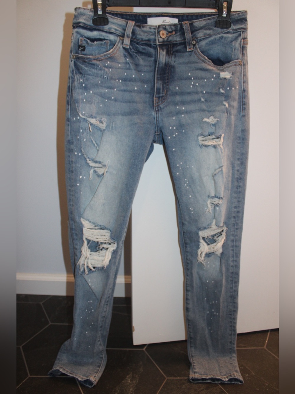 KanCan Shelly High Rise Boyfriend Ripped Paint Splatter Denim Jeans 3/25 Skinny